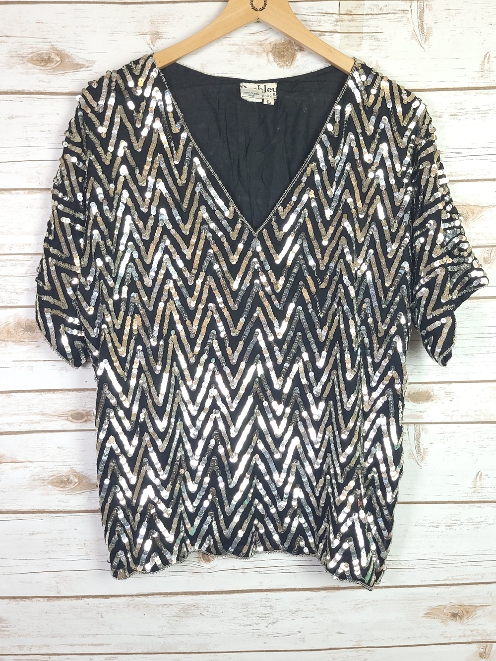 Vintage Silk Black and Silver Chevron Sequin V-Neck Top Lage